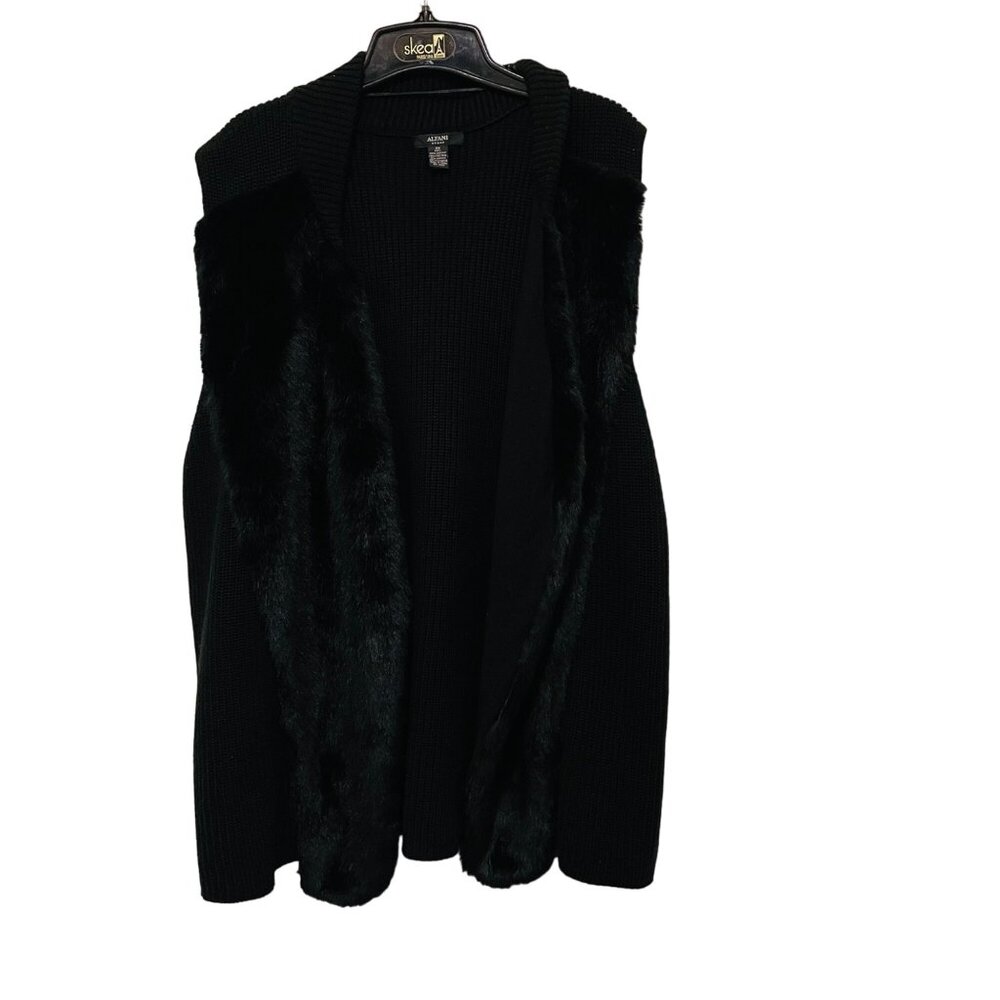 Alfani Womens 3X Black Faux Fur Trim Open Front Knit Vest